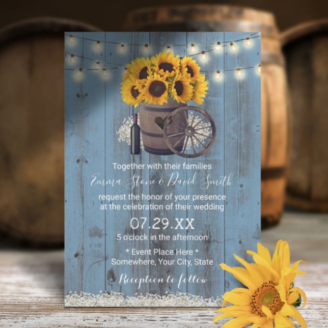 Dusty Blue Sunflower Wood Barrel Rustic Wedding Invitation (Creator Uploaded)
