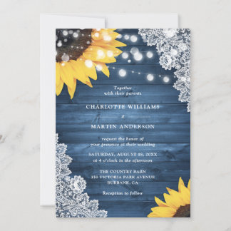 Dusty Blue Sunflower Wood Floral Lace Wedding Invitation