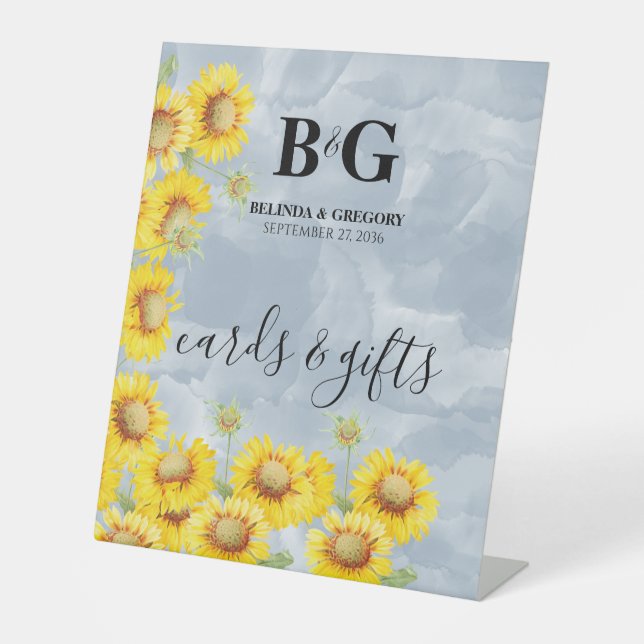 Dusty Blue Sunflowers Wedding Cards & Gifts Pedestal Sign (Front)