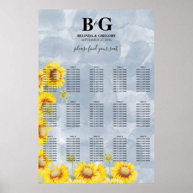 Dusty Blue Sunflowers Wedding Seating Chart (Front)
