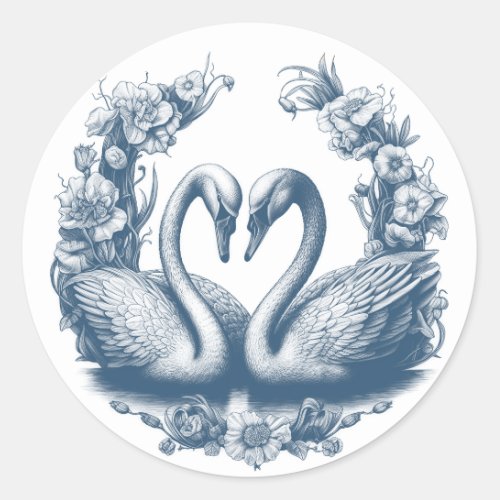 Dusty Blue Swan Lake Love Birds Wedding Classic Round Sticker