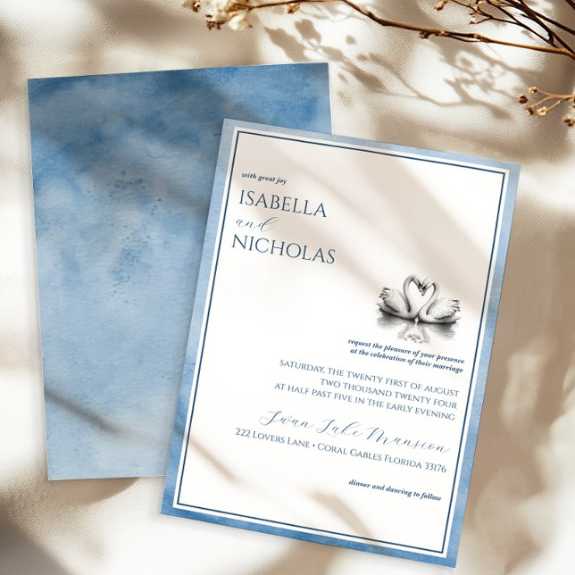 Dusty Blue Swan Lake Wedding Invitation (Romantic Wedding Invitation )