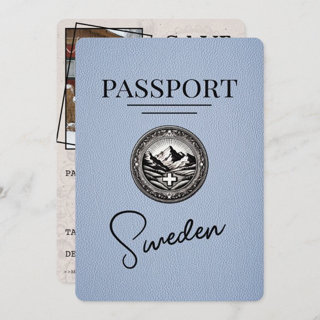 Dusty Blue Sweden Passport Save The Date (Front/Back)