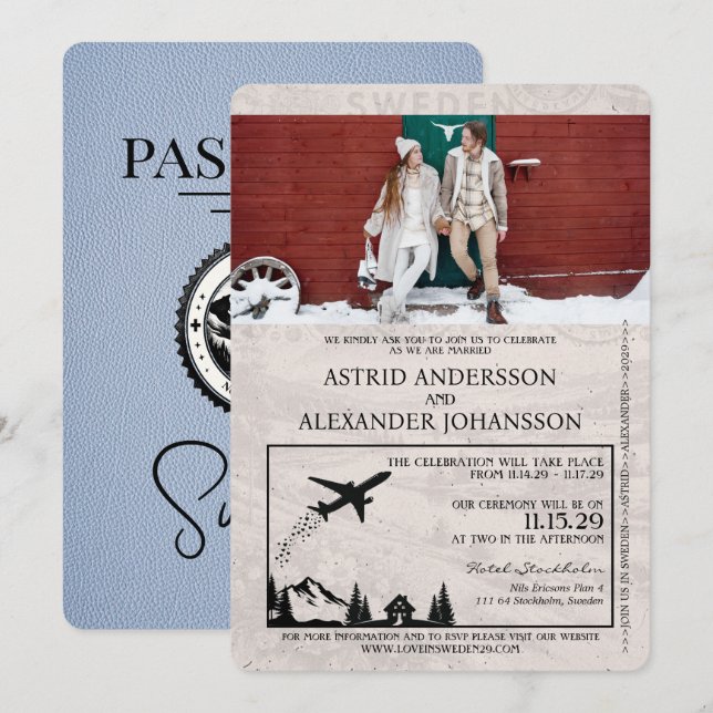 Dusty Blue Sweden Passport Wedding Invitation (Front/Back)