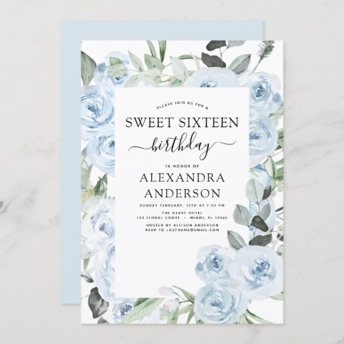 Dusty Blue Sweet Sixteen Birthday Party Invitation