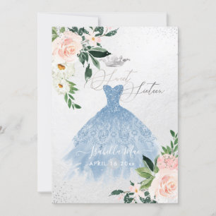 Dusty Blue Sweet Sixteen Blush Watercolor Flowers Invitation