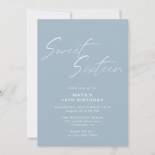 Dusty Blue Sweet Sixteen Simple Chic 16th Birthday Invitation