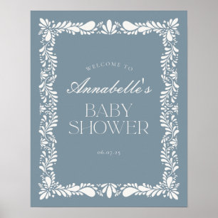 Dusty Blue Talavera Fiesta Baby Shower Welcome Poster