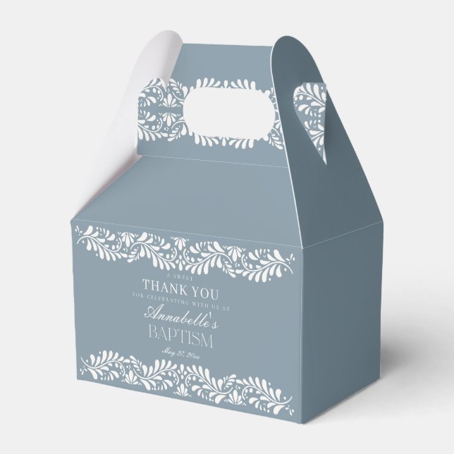 Dusty Blue Talavera Fiesta Boy Baptism Dessert Favor Boxes (Front Side)