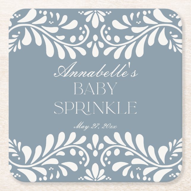 Dusty Blue Talavera Spanish Fiesta Baby Sprinkle Square Paper Coaster (Front)