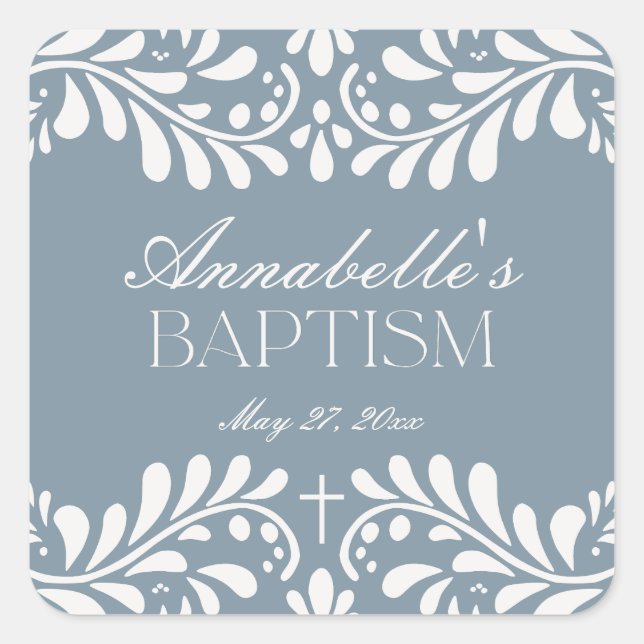 Dusty Blue Talavera Spanish Fiesta Baptism Favor Square Sticker (Front)