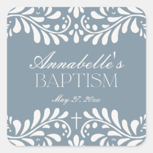 Dusty Blue Talavera Spanish Fiesta Baptism Favor Square Sticker