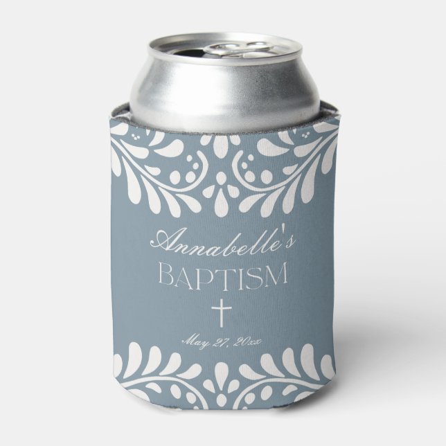 Dusty Blue Talavera Spanish Fiesta Baptism Favors Can Cooler (Can Front)