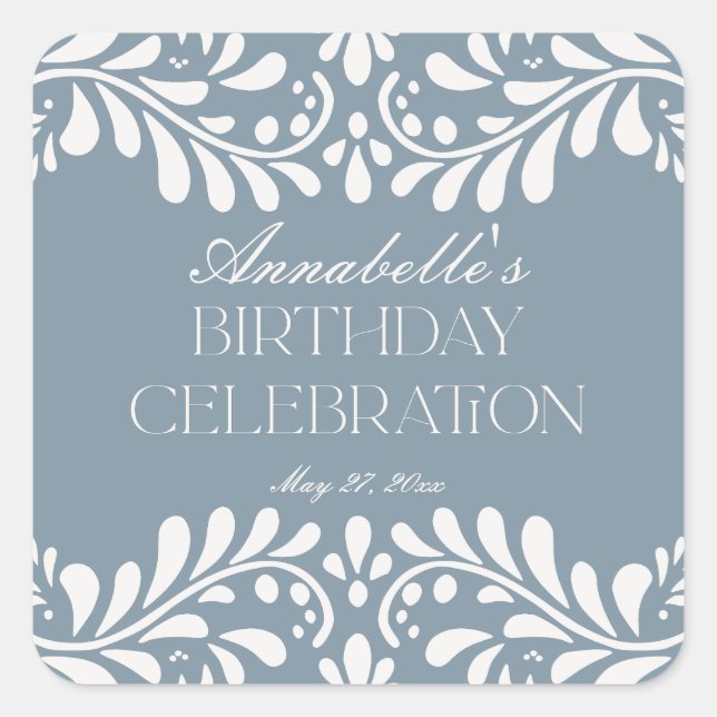 Dusty Blue Talavera Spanish Fiesta Birthday Favor Square Sticker (Front)