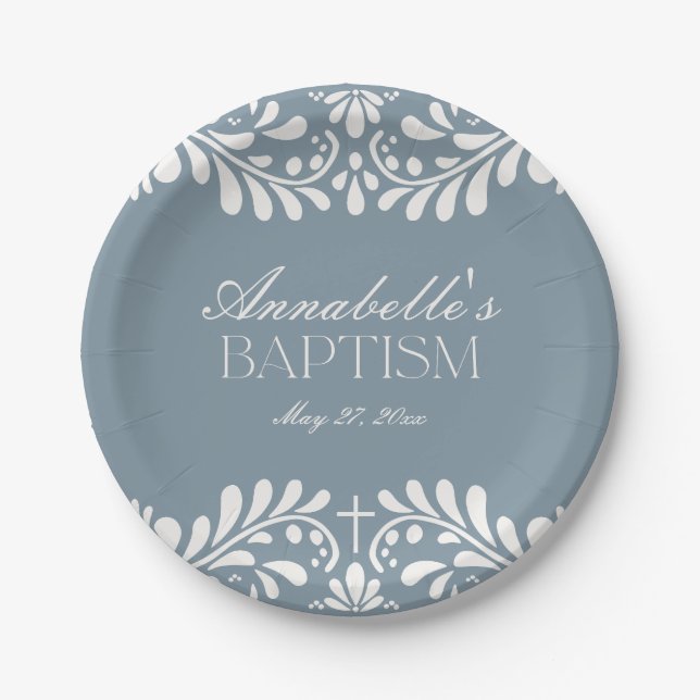 Dusty Blue Talavera Spanish Fiesta Boy Baptism Paper Plates (Front)