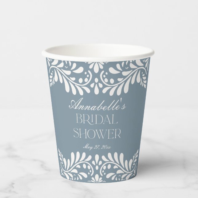 Dusty Blue Talavera Spanish Fiesta Bridal Shower Paper Cups (Front)