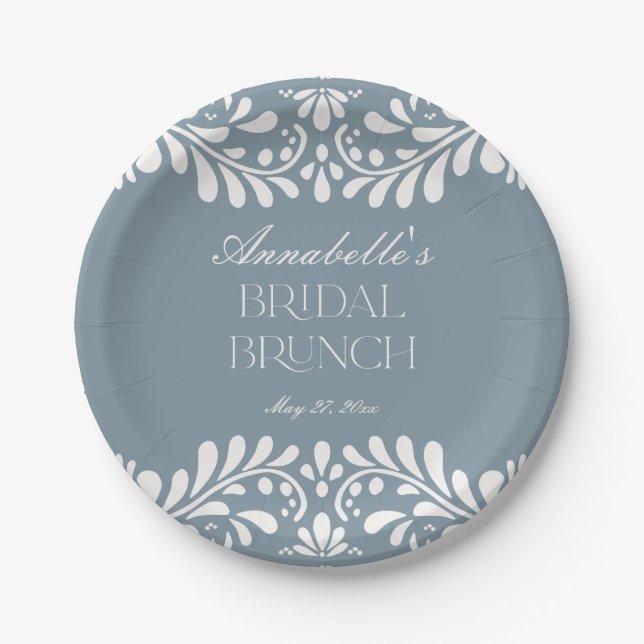 Dusty Blue Talavera Spanish Fiesta Bridal Shower Paper Plates (Front)