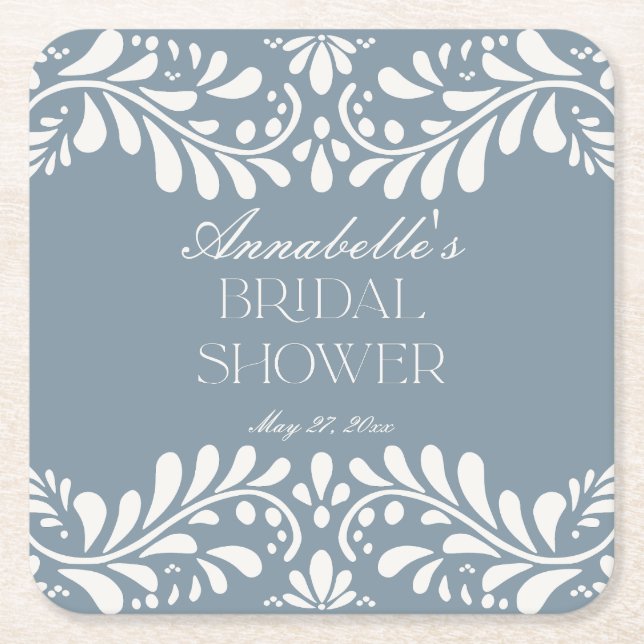 Dusty Blue Talavera Spanish Fiesta Bridal Shower Square Paper Coaster (Front)