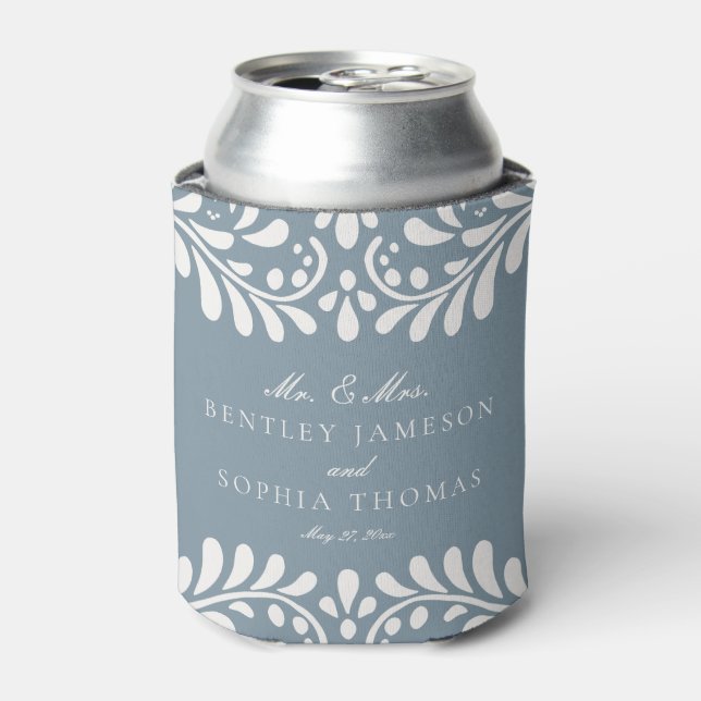 Dusty Blue Talavera Spanish Fiesta Wedding Favors Can Cooler (Can Front)