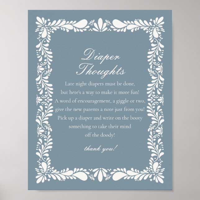 Dusty Blue Talavera Tile Diaper Thoughts Shower Poster (Front)