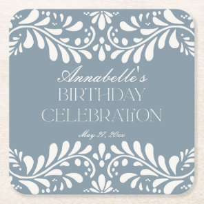 Dusty Blue Talavera Tile Fiesta Birthday Party Square Paper Coaster