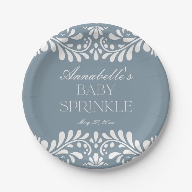 Dusty Blue Talavera Tile Fiesta Boy Baby Sprinkle Paper Plates (Front)