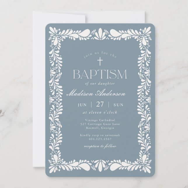 Dusty Blue Talavera Tile Fiesta Boy Baptism Invitation (Front)