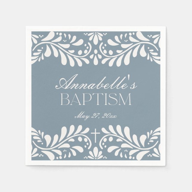 Dusty Blue Talavera Tile Fiesta Boy Baptism Napkins (Front)