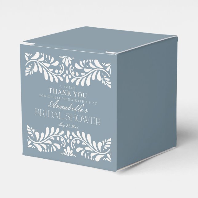 Dusty Blue Talavera Tile Fiesta Bridal Shower Favor Boxes (Front Side)