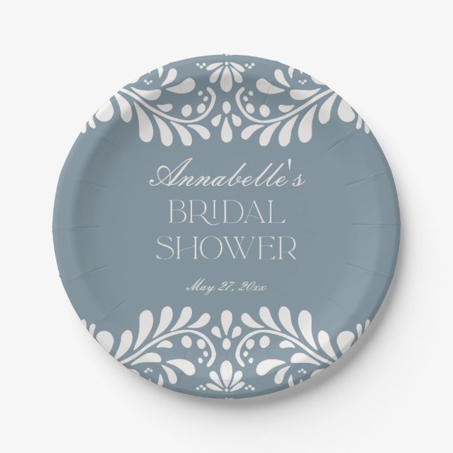 Dusty Blue Talavera Tile Fiesta Bridal Shower Paper Plates (Front)