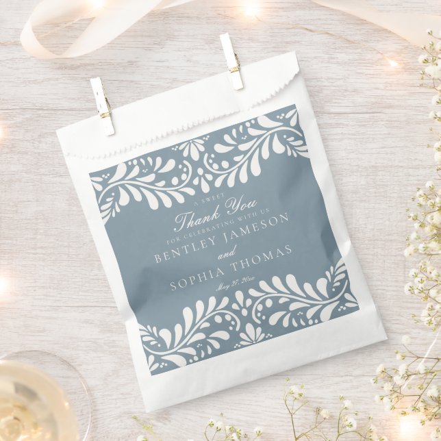 Dusty Blue Talavera Tile Fiesta Wedding Dessert Favor Bag (Clipped)