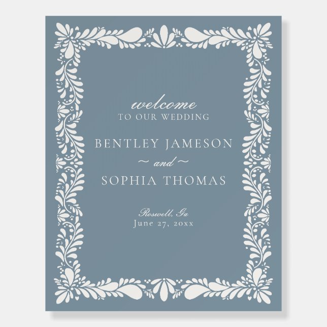 Dusty Blue Talavera Tile Fiesta Wedding Welcome Foam Board (Front)
