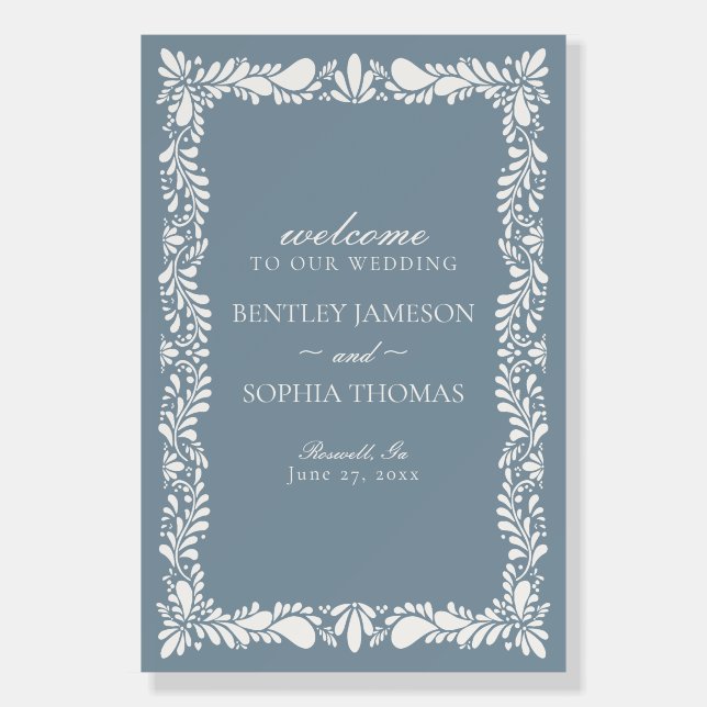 Dusty Blue Talavera Tile Fiesta Wedding Welcome Foam Board (Front)