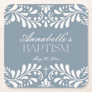 Dusty Blue Talavera Tile Spanish Fiesta Baptism Square Paper Coaster