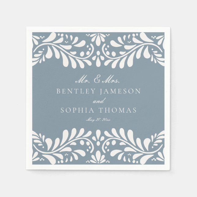 Dusty Blue Talavera Tile Spanish Fiesta Wedding Napkins (Front)