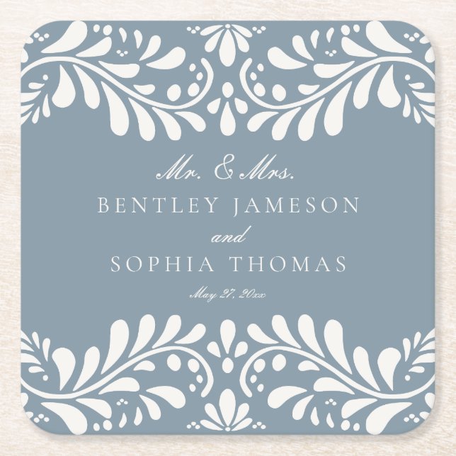 Dusty Blue Talavera Tile Spanish Fiesta Wedding Square Paper Coaster (Front)