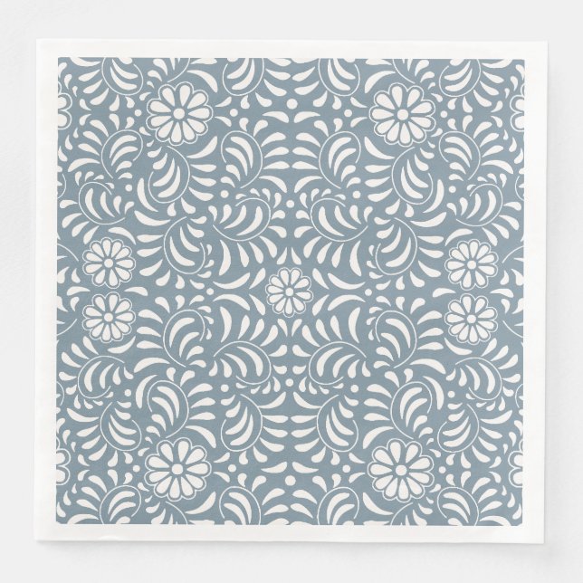 Dusty Blue Talavera Tile Spanish Style Fiesta Paper Dinner Napkins (Front)