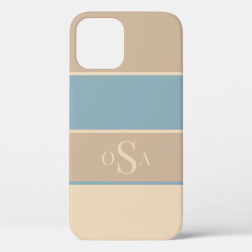 Dusty Blue Tan Monogram Abstract Modern Simple iPhone 12 Case