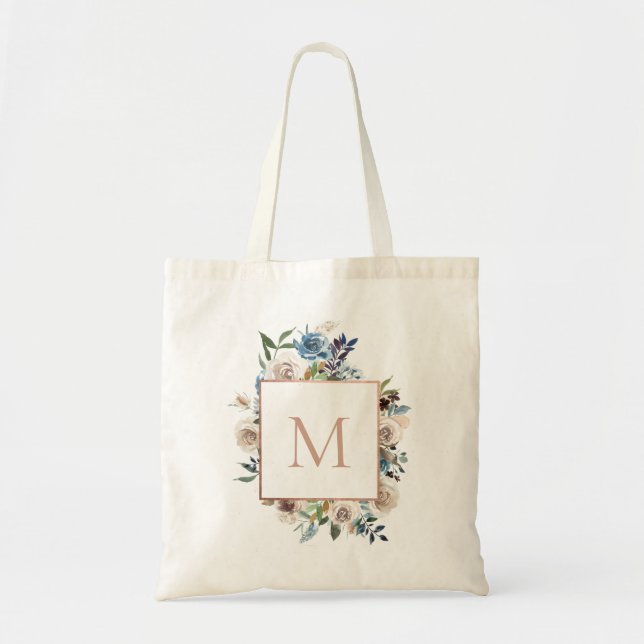 Dusty Blue Taupe Floral Monogram Tote Bag (Front)