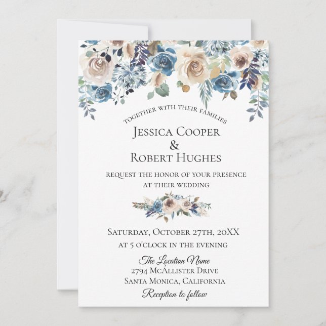Dusty Blue Taupe Floral Wedding Invitation (Front)