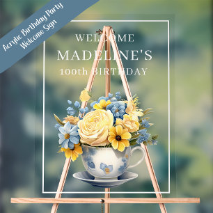 Dusty Blue Teacup Yellow Flowers Acrylic Sign