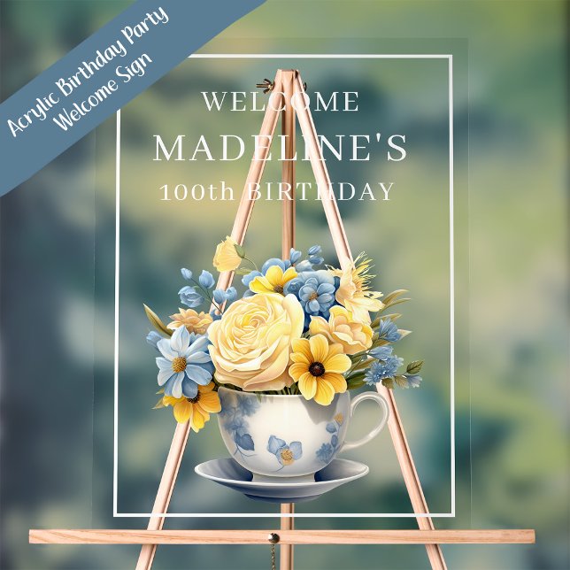 Dusty Blue Teacup Yellow Flowers  Acrylic Sign (Acrylic blue teacup and yellow flowers birthday party welcome sign)