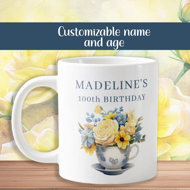 Dusty Blue Teacup Yellow Flowers  Giant Coffee Mug (Dusty blue teacup and yellow floral 100th birthday party mug)