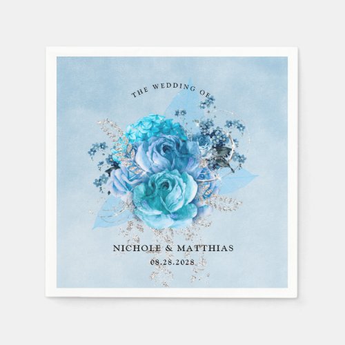 Dusty Blue Teal and Silver Glitter Peony Wedding Napkins