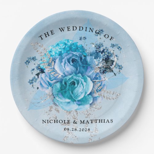 Dusty Blue Teal and Silver Glitter Peony Wedding Paper Plates