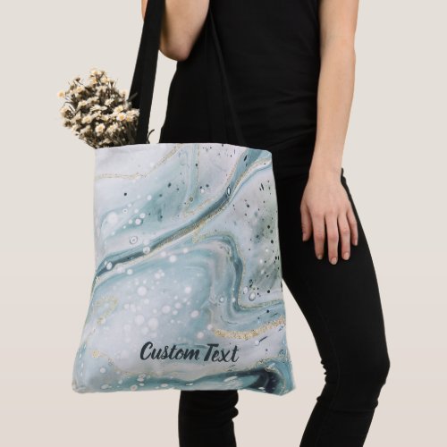 Dusty Blue Teal Green and Gold Marbled Custom Text Tote Bag