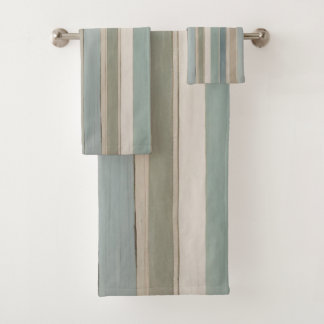 Dusty Blue Teal Sage Beige Stripe Bath Towel Set