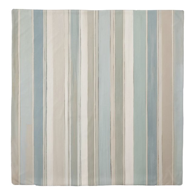 Dusty Blue Teal Sage Beige Stripe Duvet Cover (Front)