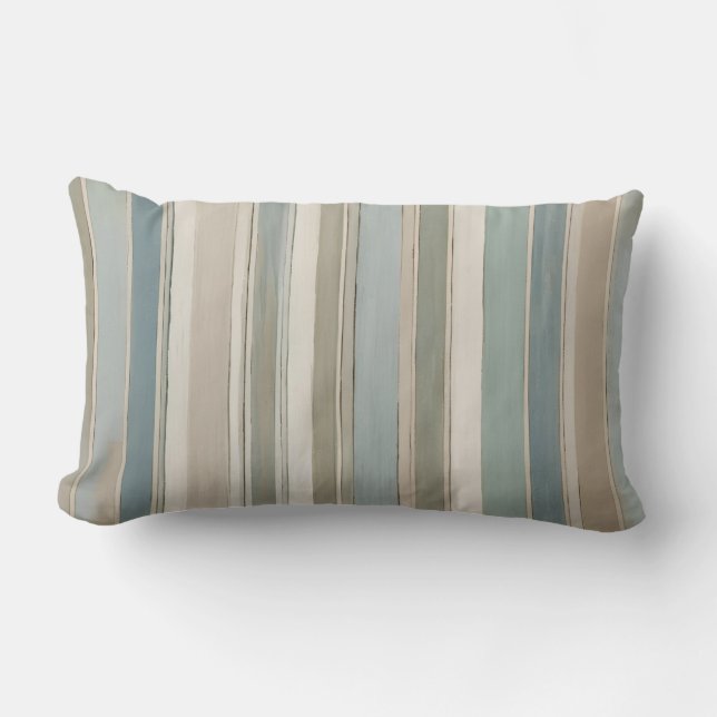 Dusty Blue Teal Sage Beige Stripe Lumbar Pillow (Front)