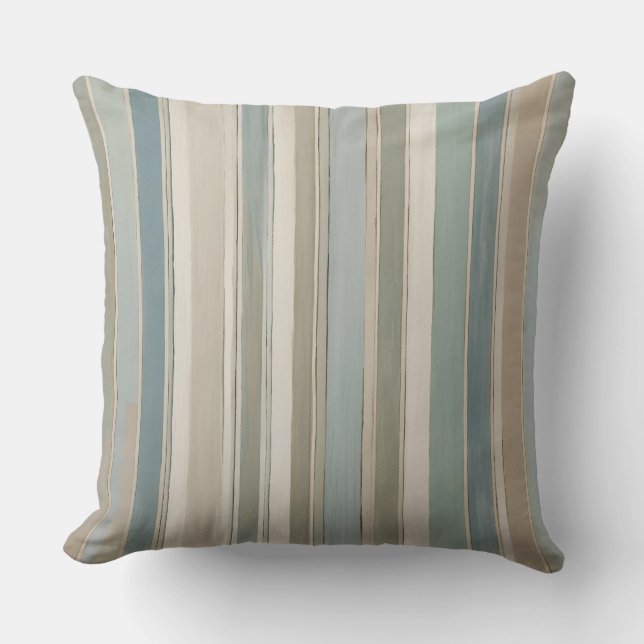 Dusty Blue Teal Sage Beige Stripe Throw Pillow (Front)